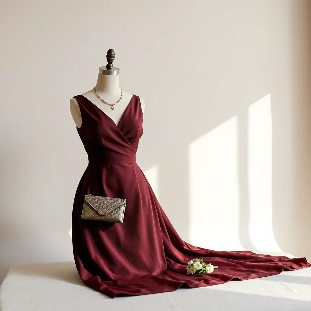 Elegant cocktail dress on a mannequin with clutch and subtle jewelry in soft natural light
