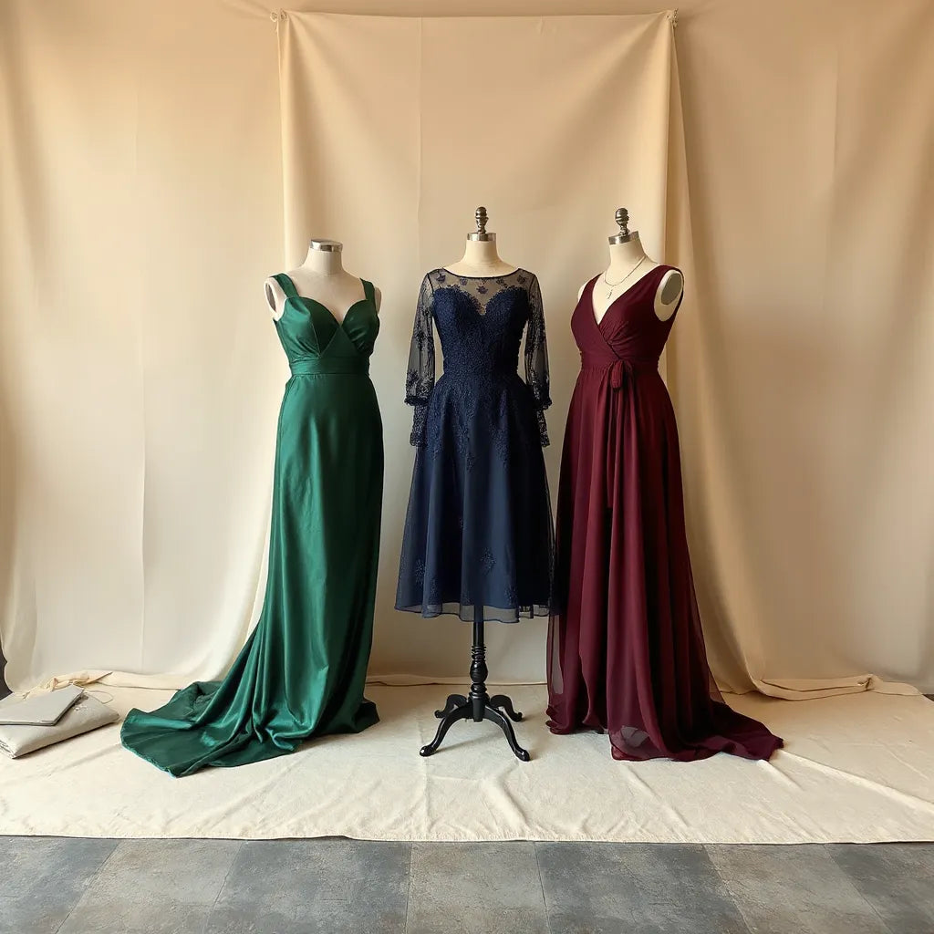 Assorted elegant evening dresses on mannequins with warm lighting and a neatly styled clutch