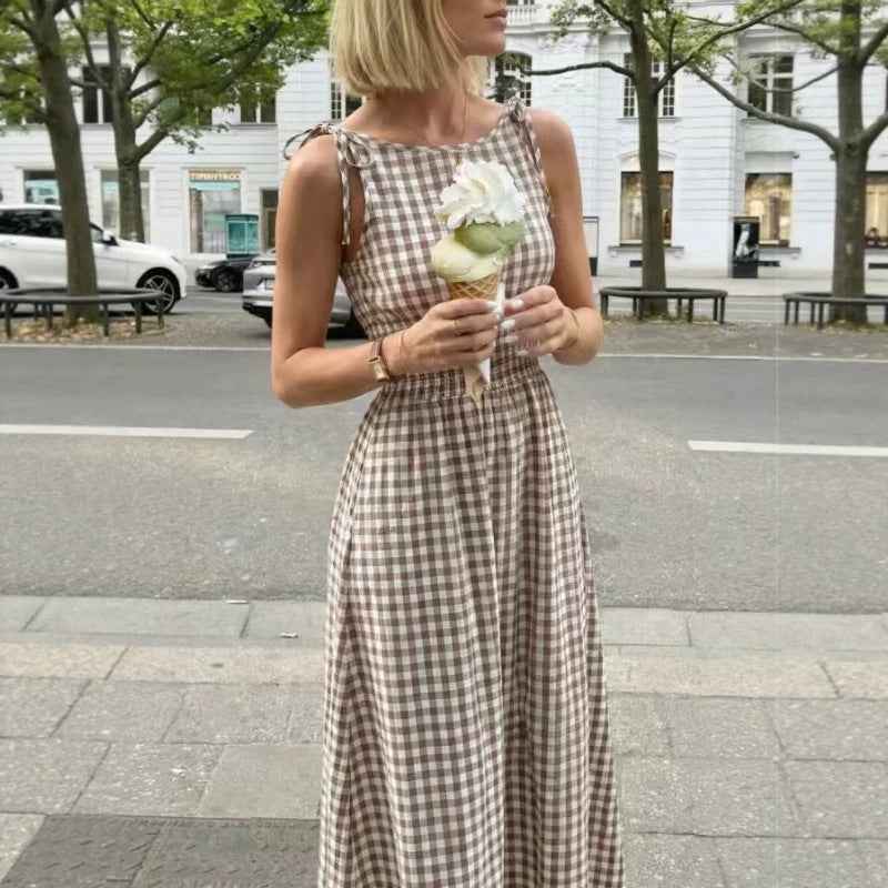 Plaid Long Skirt Bow-tie Shoulder Straps And Ruffled Waistline Dress