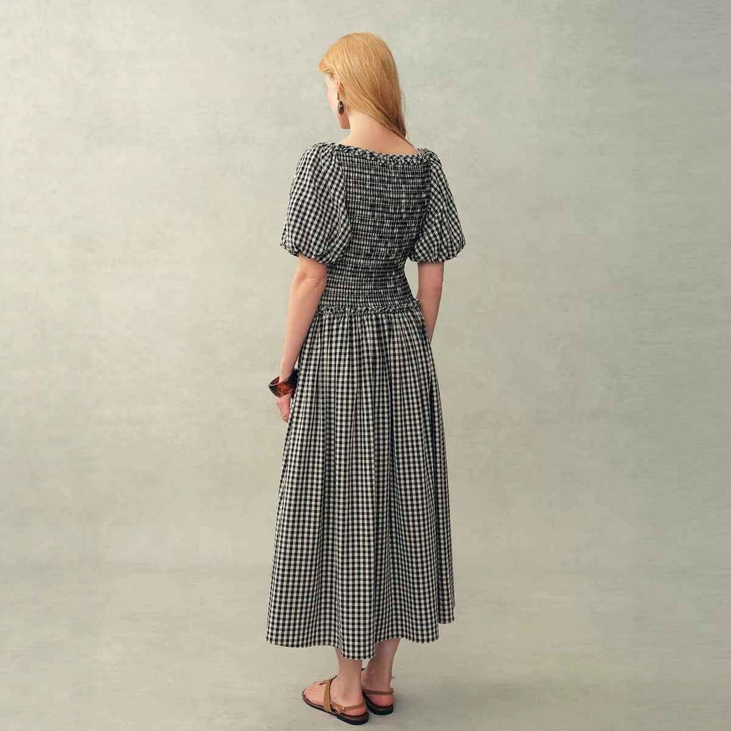 French-style Black-and-White Plaid Pleated Short-Sleeve Puff-Sleeve Check Dress