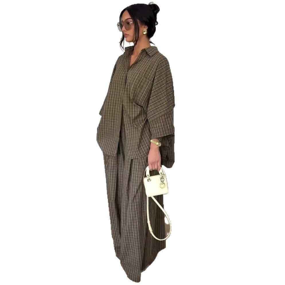 Loose-fitting Long-sleeved Plaid Shirt And Casual Wide-leg Trousers Two-piece Set