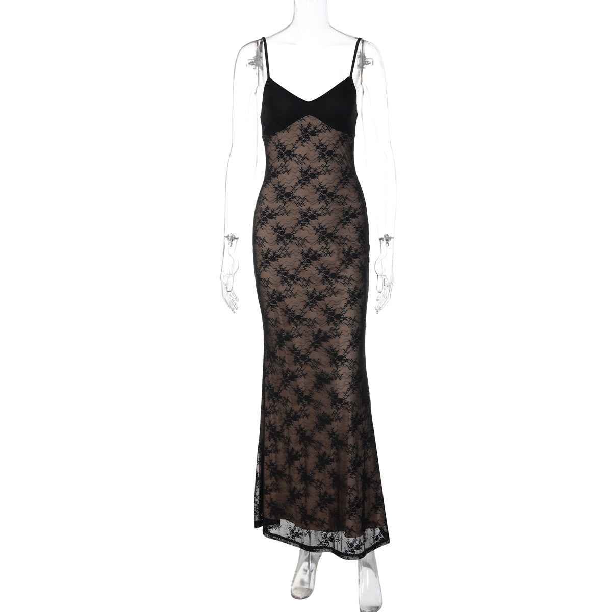 Backless Lace-Panel Sexy Slim-Fit Solid-Color Strap Long Dress