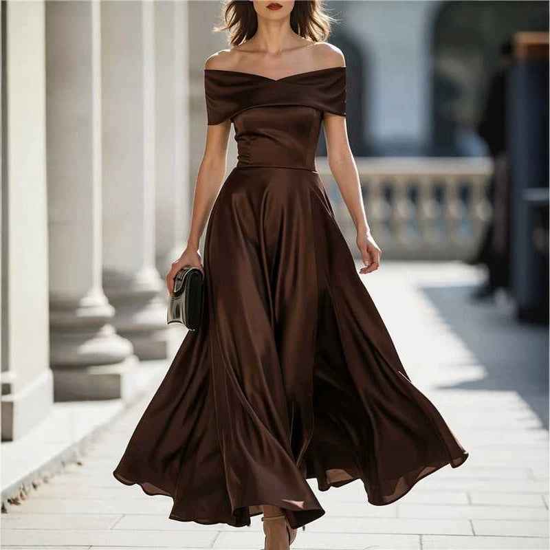 Womens Off-shoulder Waist-cinched Elegant Evening Gown For Parties And Banquets