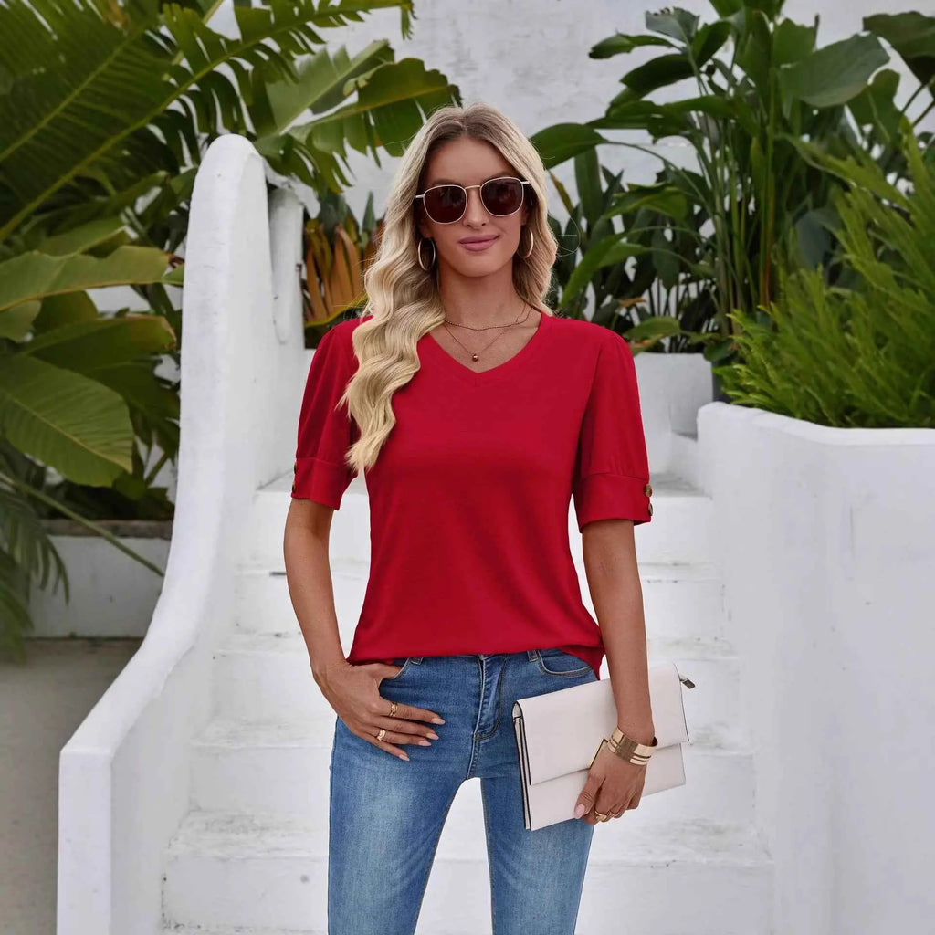 Womens Crew-neck Printed T-shirt With Buttons