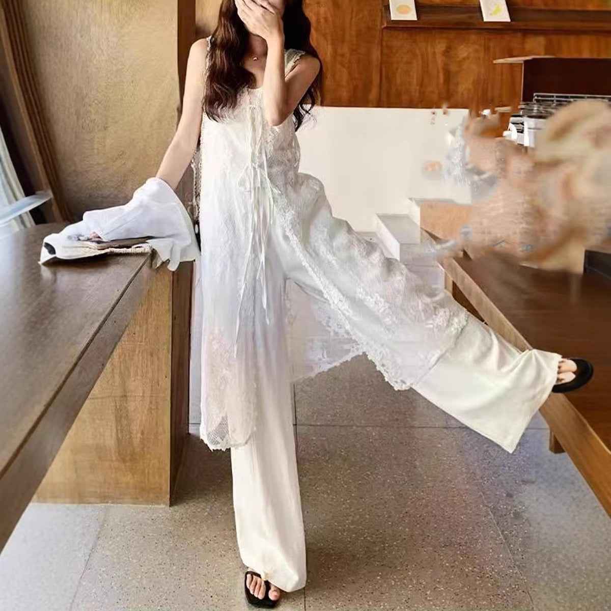 New Lace Blouse With Wide-leg Pants Three-piece Set