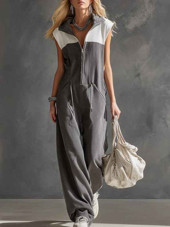 Fashionable Casual Color-block Zip-front Jumpsuit