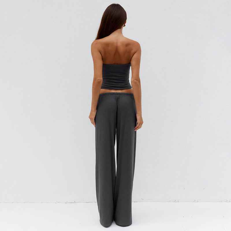 Solid-color Tube Top And Drawstring Straight-leg Pants Two-piece Set