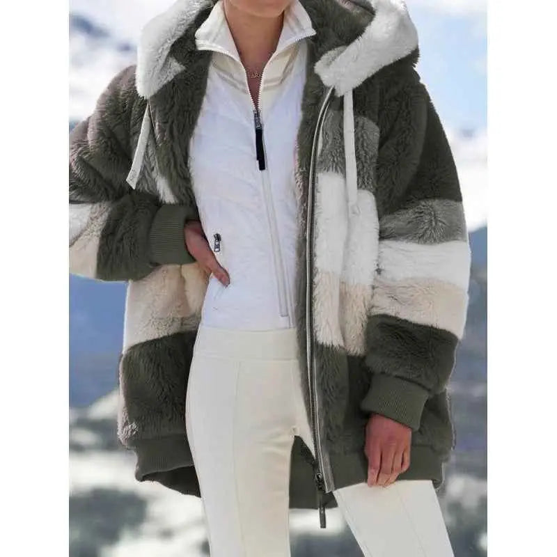 Womens Warm Hooded Loose-fitting Coat With Zippered Pockets