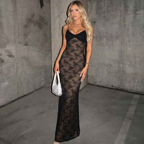 Backless Lace-Panel Sexy Slim-Fit Solid-Color Strap Long Dress