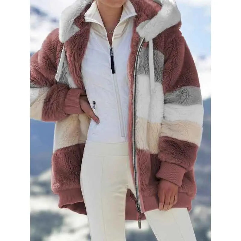 Womens Warm Hooded Loose-fitting Coat With Zippered Pockets
