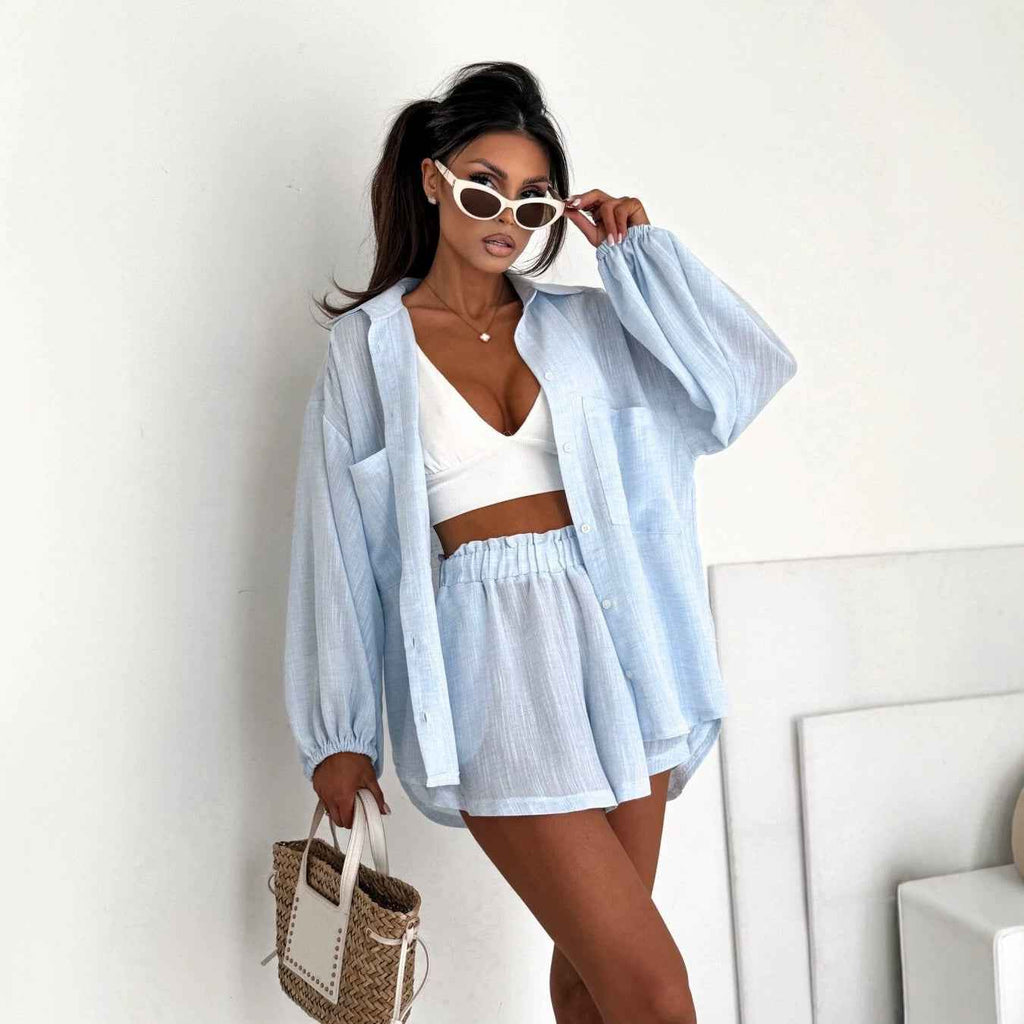 Short-sleeved Top And Elastic-waist Shorts Two-piece Set