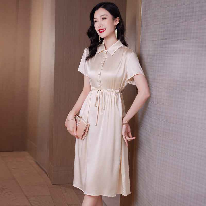 High-end Silk Mid-length Dress With A Cinched Waist That Flatters The