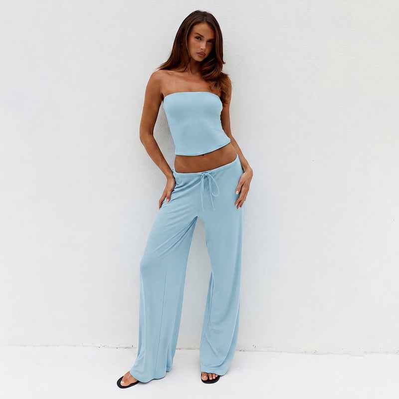 Solid-color Tube Top And Drawstring Straight-leg Pants Two-piece Set