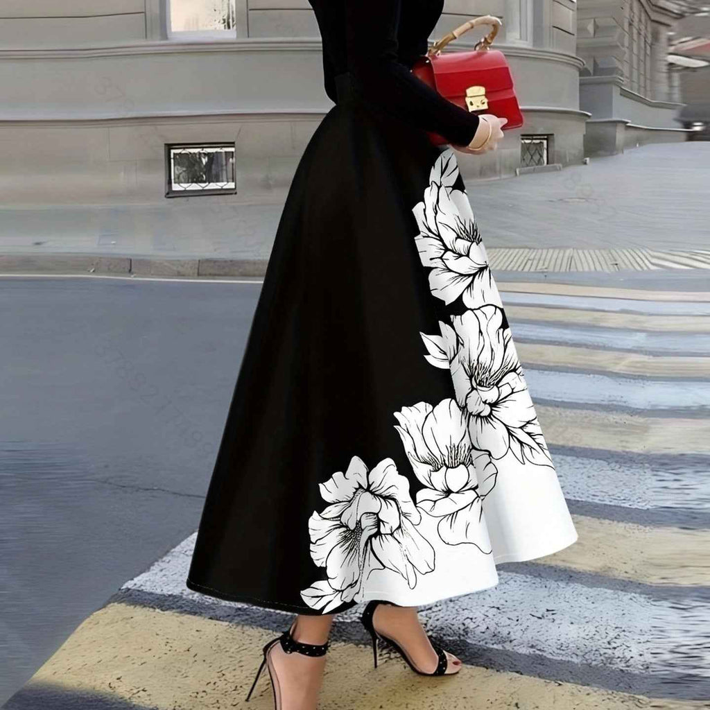 Hepburn-style High-waisted Full-skirted Midi Skirt