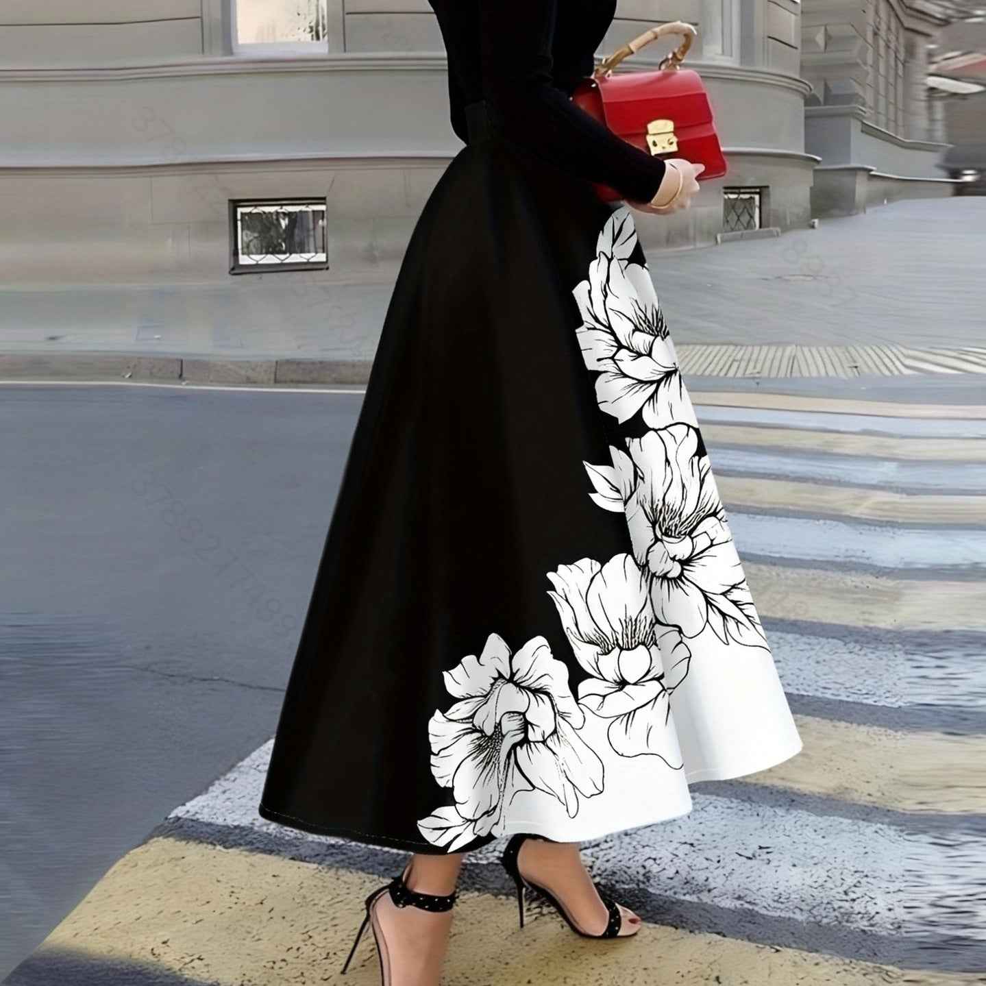 Hepburn-style High-waisted Full-skirted Midi Skirt