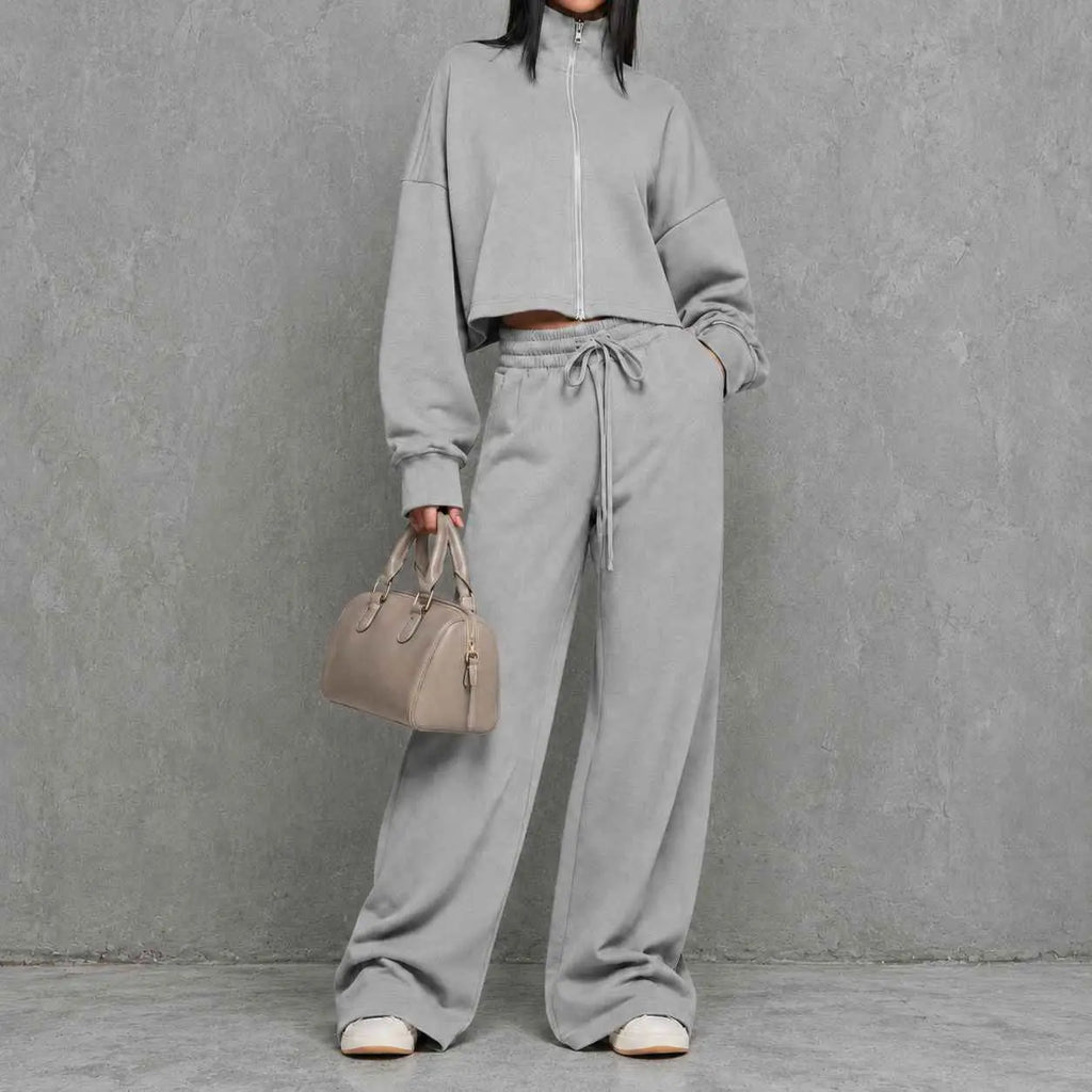 Stand-up Collar Zip-up Hoodie Jacket And High-waisted Wide-leg Casual Pants Set