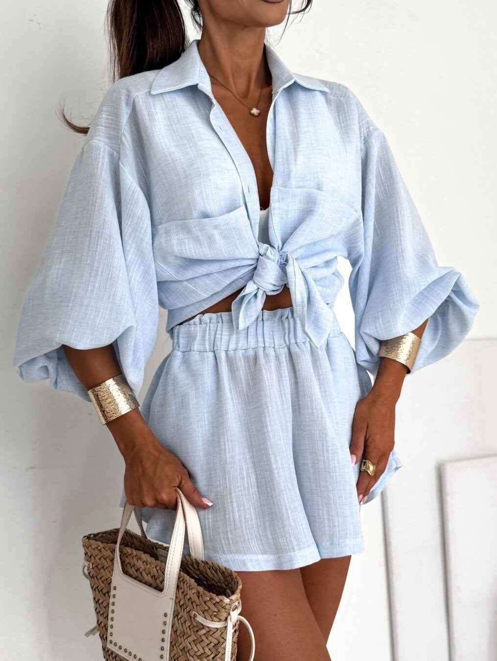 Short-sleeved Top And Elastic-waist Shorts Two-piece Set