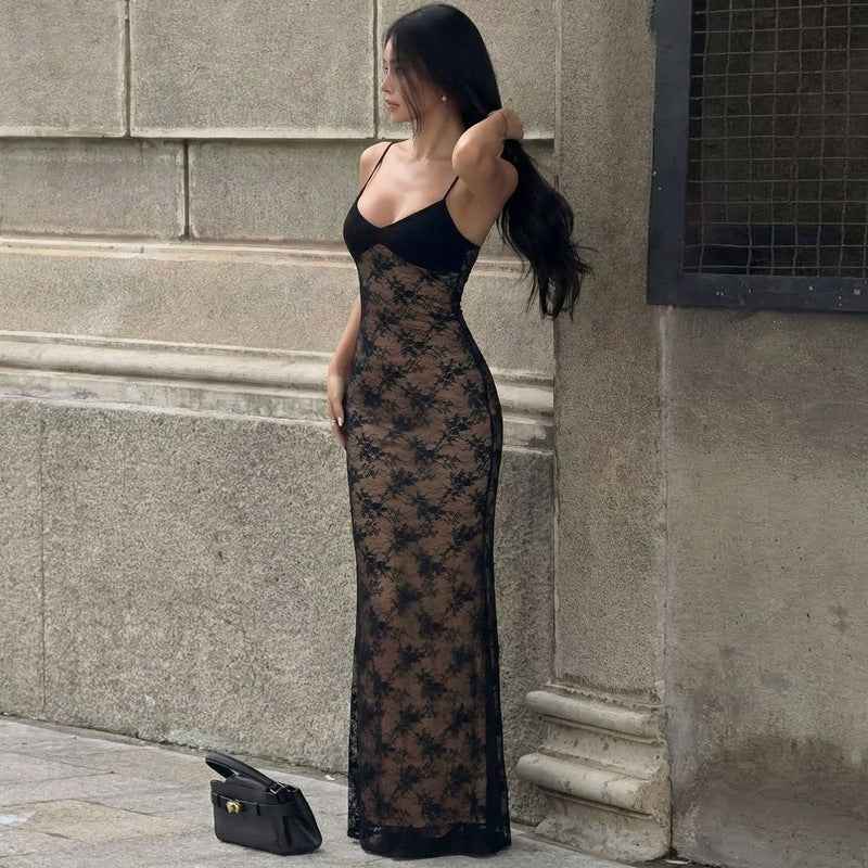 Backless Lace-Panel Sexy Slim-Fit Solid-Color Strap Long Dress