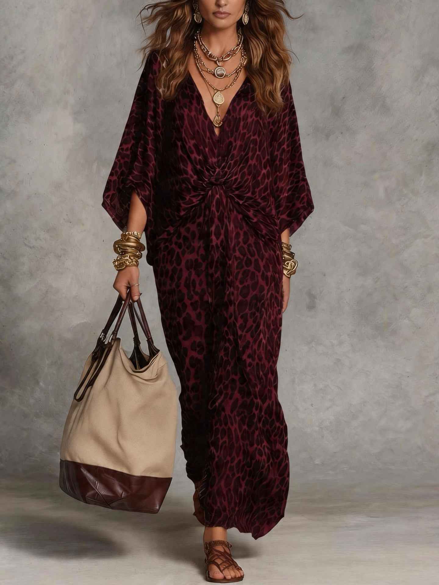Hot-selling European And American Cross-border Independent Store Leopard Print V-neck Waist Cinch Plus-size Long Dress For Women