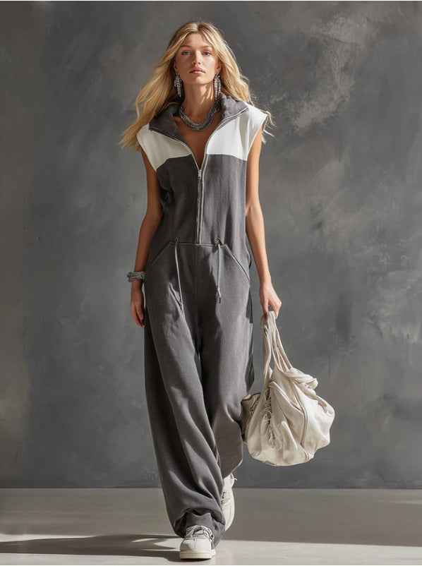 Fashionable Casual Color-block Zip-front Jumpsuit