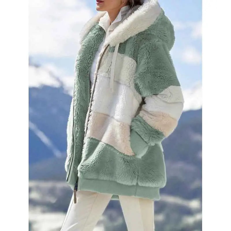 Womens Warm Hooded Loose-fitting Coat With Zippered Pockets