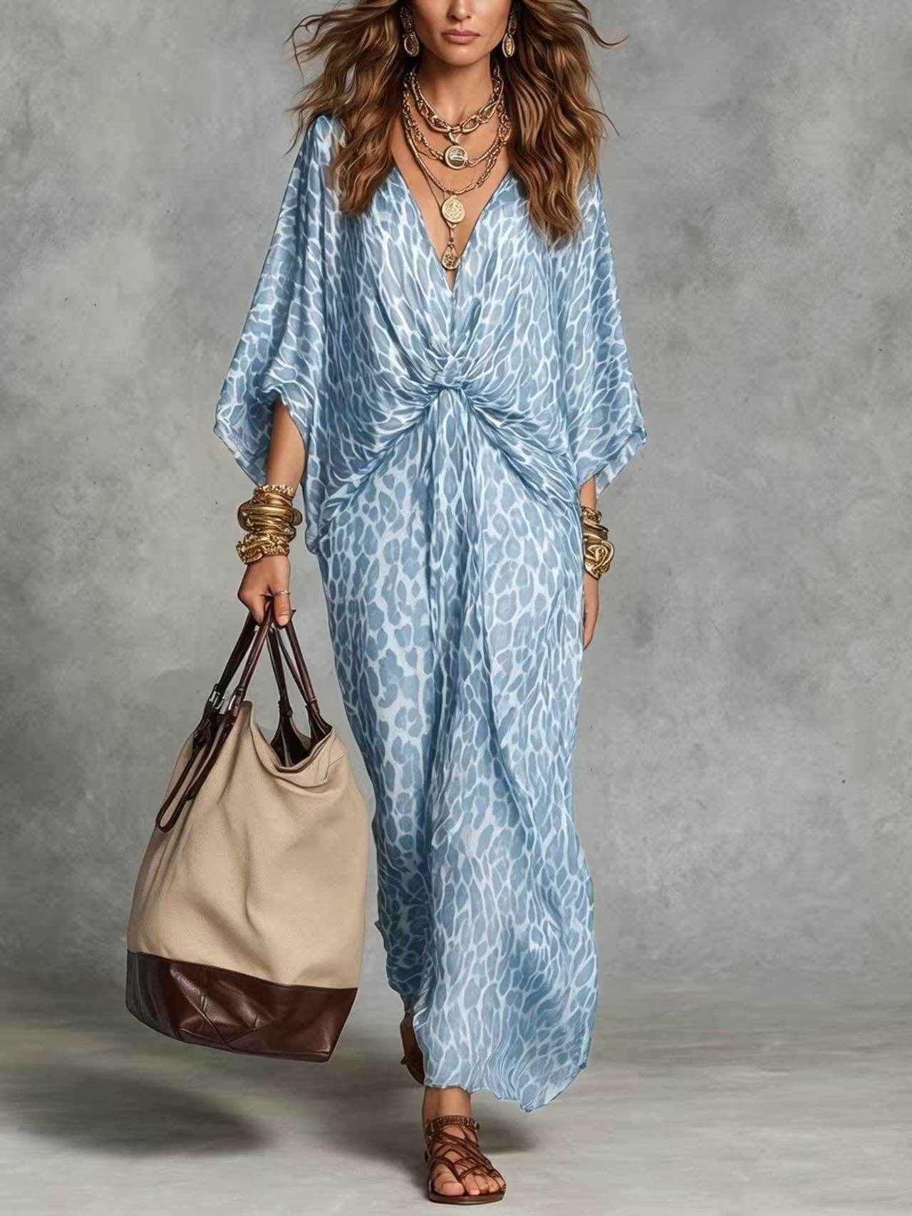 Hot-selling European And American Cross-border Independent Store Leopard Print V-neck Waist Cinch Plus-size Long Dress For Women