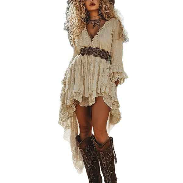 Ruffled Floral Tassel Lace Vintage Dress