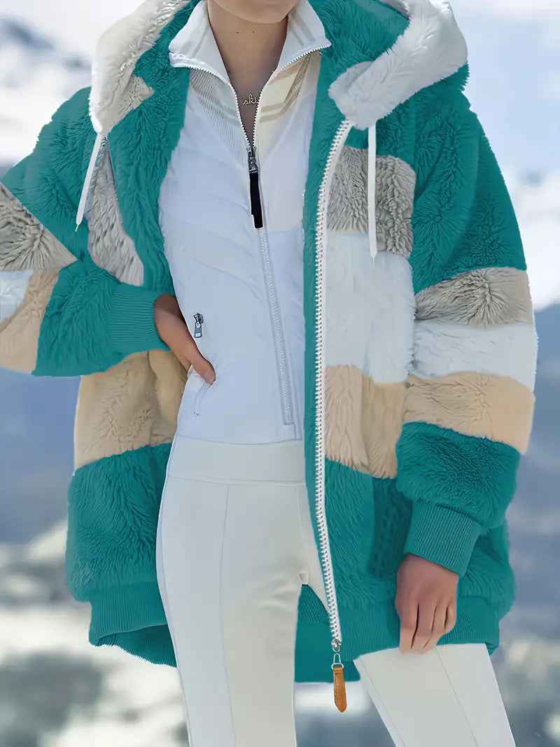 Womens Warm Hooded Loose-fitting Coat With Zippered Pockets