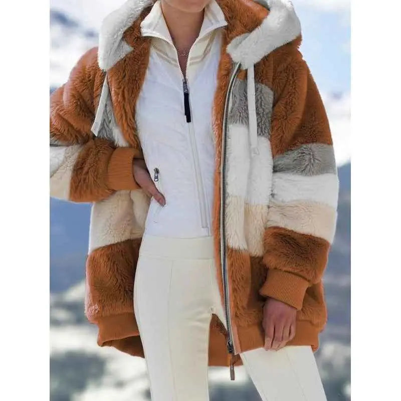 Womens Warm Hooded Loose-fitting Coat With Zippered Pockets