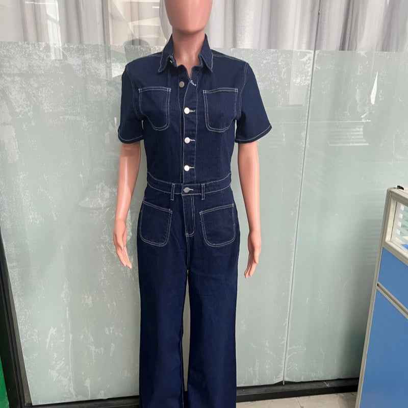 Flared-leg Washed Short-sleeve Denim Jumpsuit