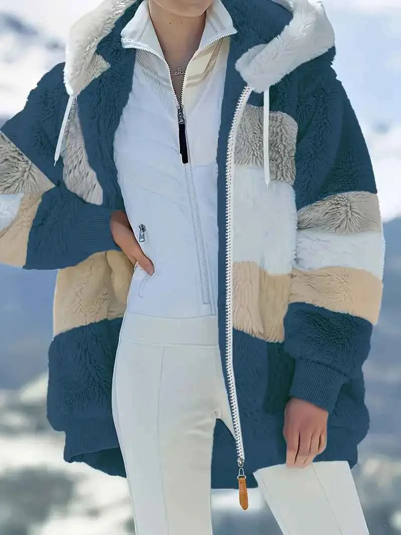 Womens Warm Hooded Loose-fitting Coat With Zippered Pockets