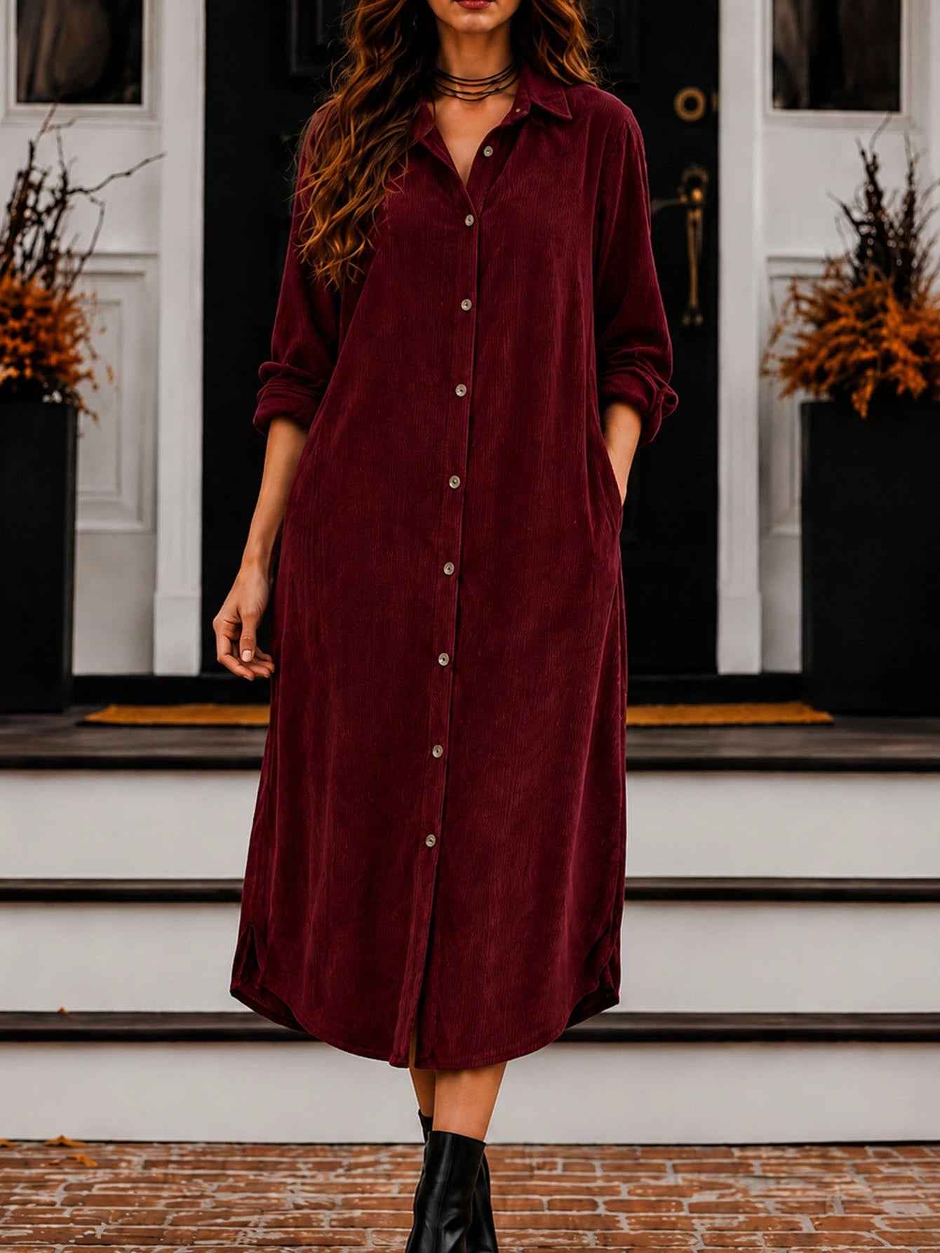 Women's Long Corduroy Shirt Dress