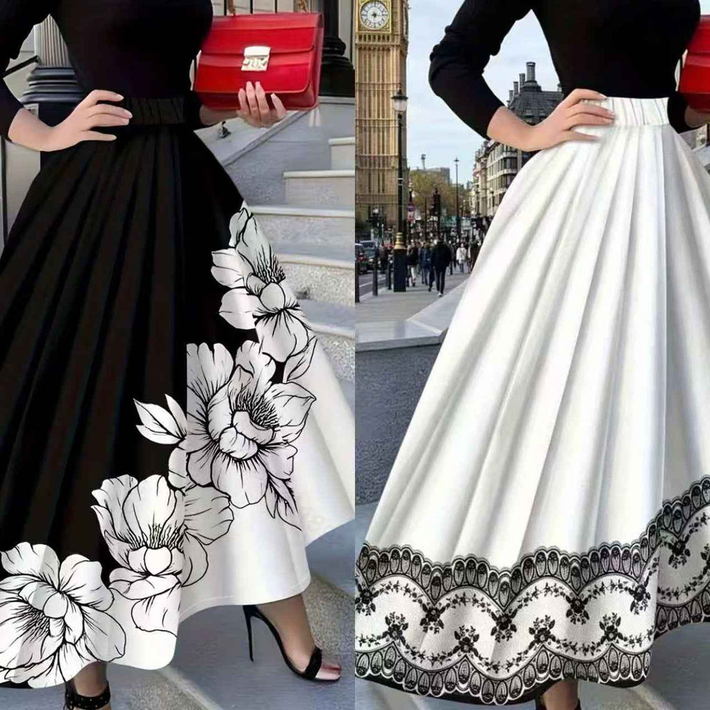 Hepburn-style High-waisted Full-skirted Midi Skirt