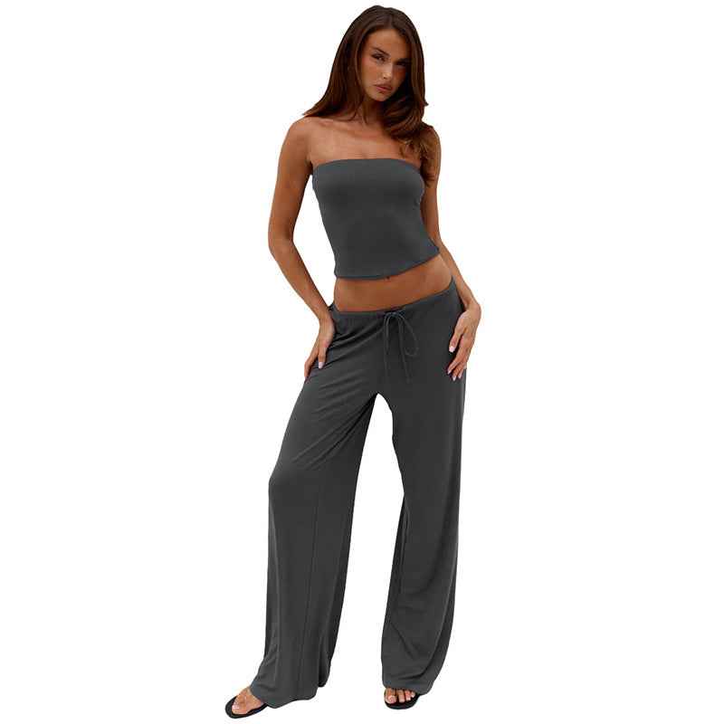 Solid-color Tube Top And Drawstring Straight-leg Pants Two-piece Set