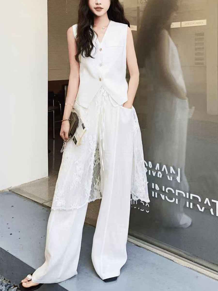 New Lace Blouse With Wide-leg Pants Three-piece Set