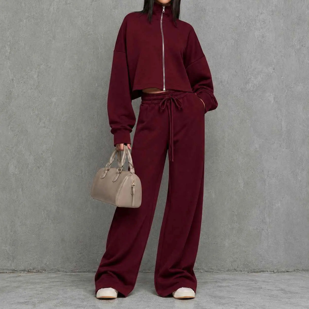Stand-up Collar Zip-up Hoodie Jacket And High-waisted Wide-leg Casual Pants Set