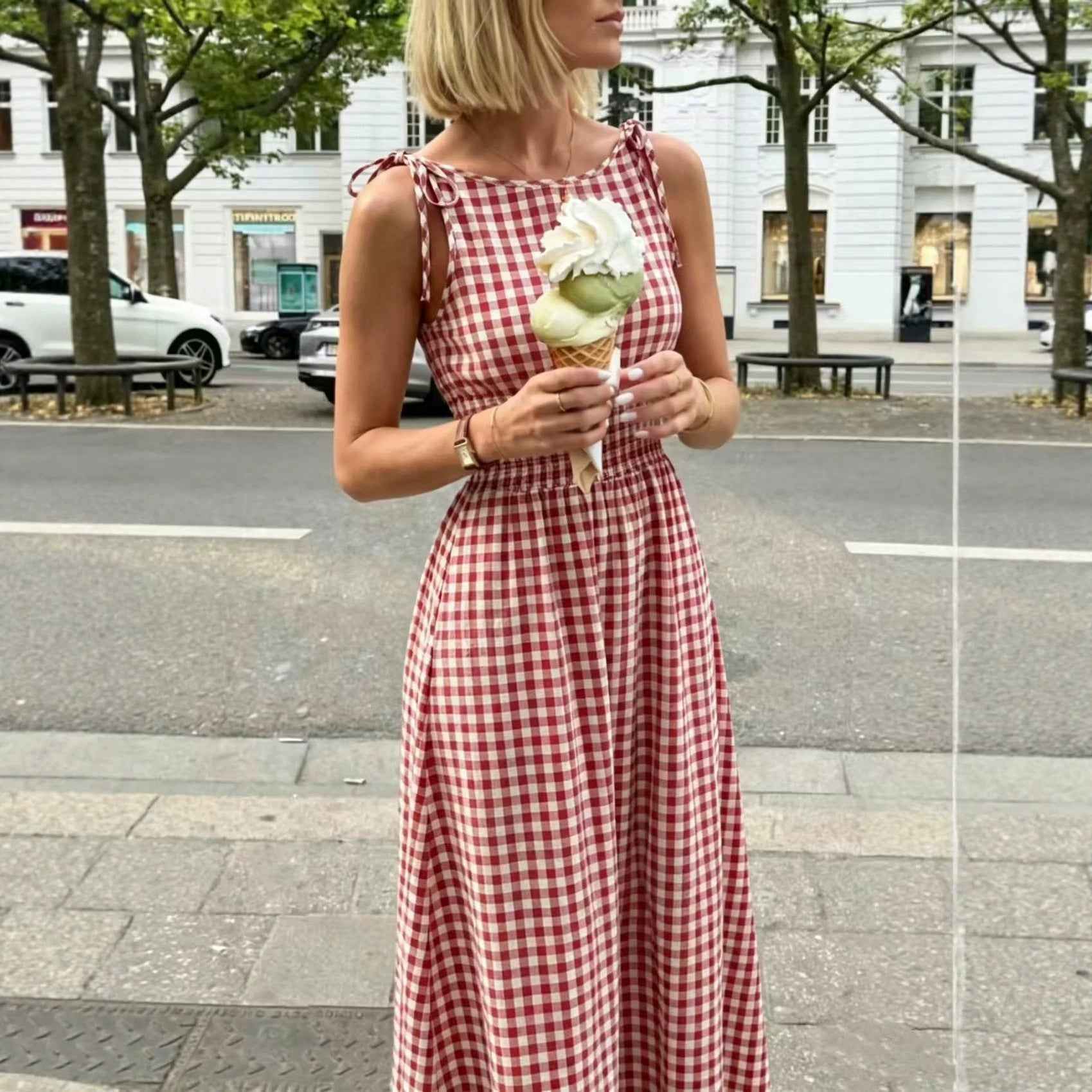 Plaid Long Skirt Bow-tie Shoulder Straps And Ruffled Waistline Dress