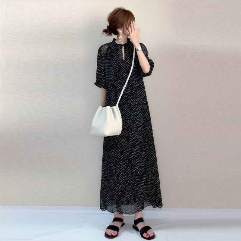 Womens Polka-dot Round-neck Short-sleeve Dress