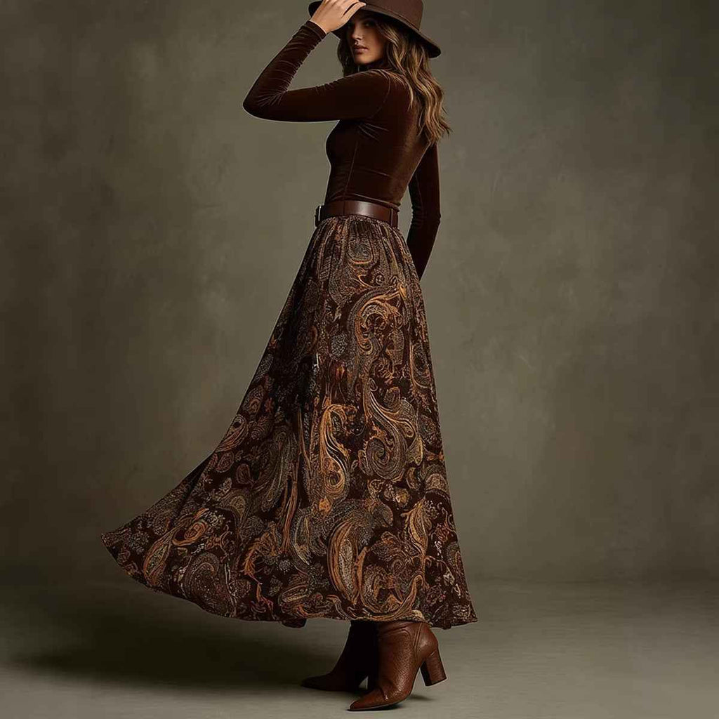 Elegant Flared Vintage-print Long Dress For Women