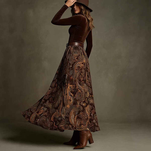Elegant Flared Vintage-print Long Dress For Women