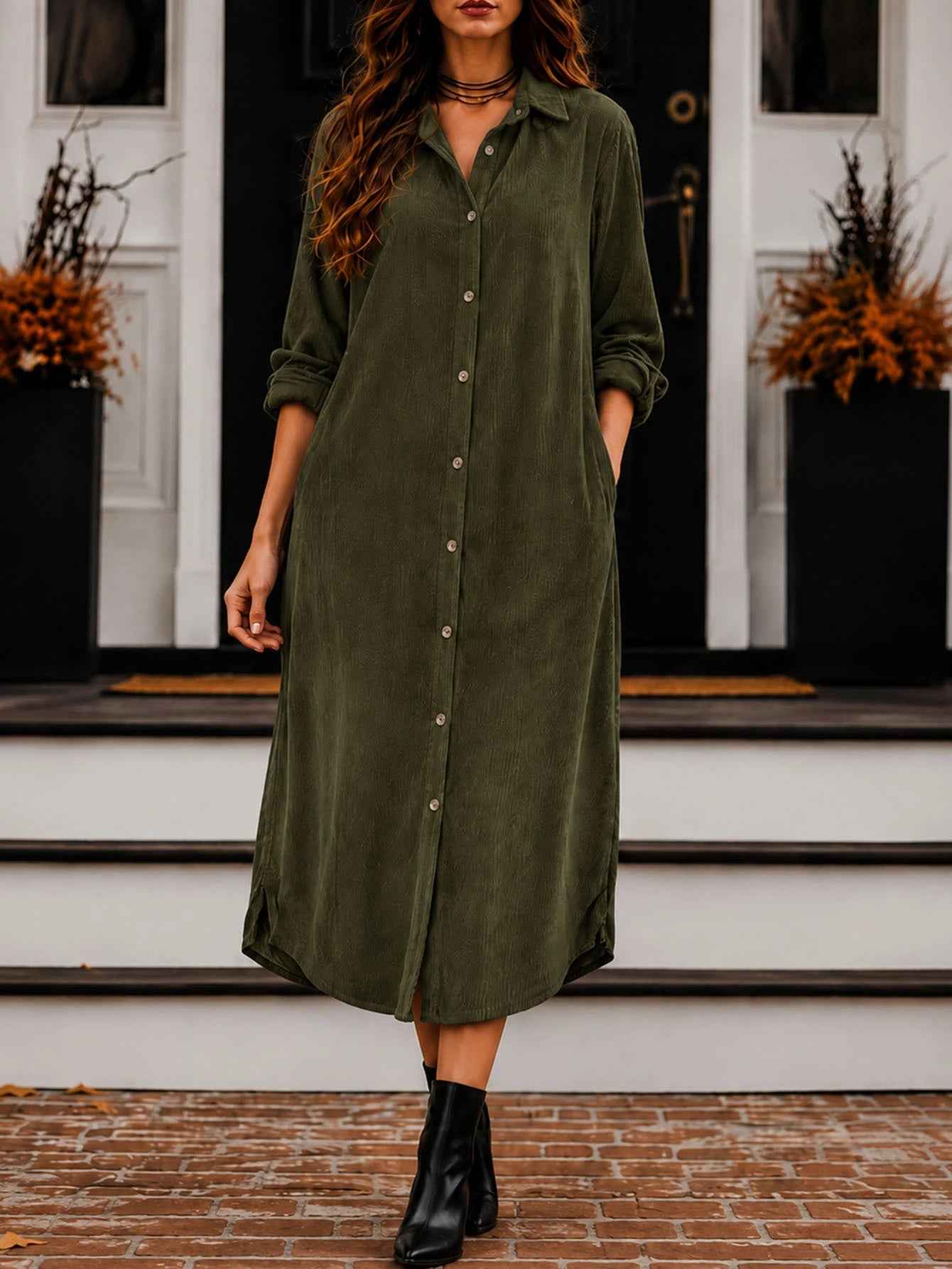 Women's Long Corduroy Shirt Dress