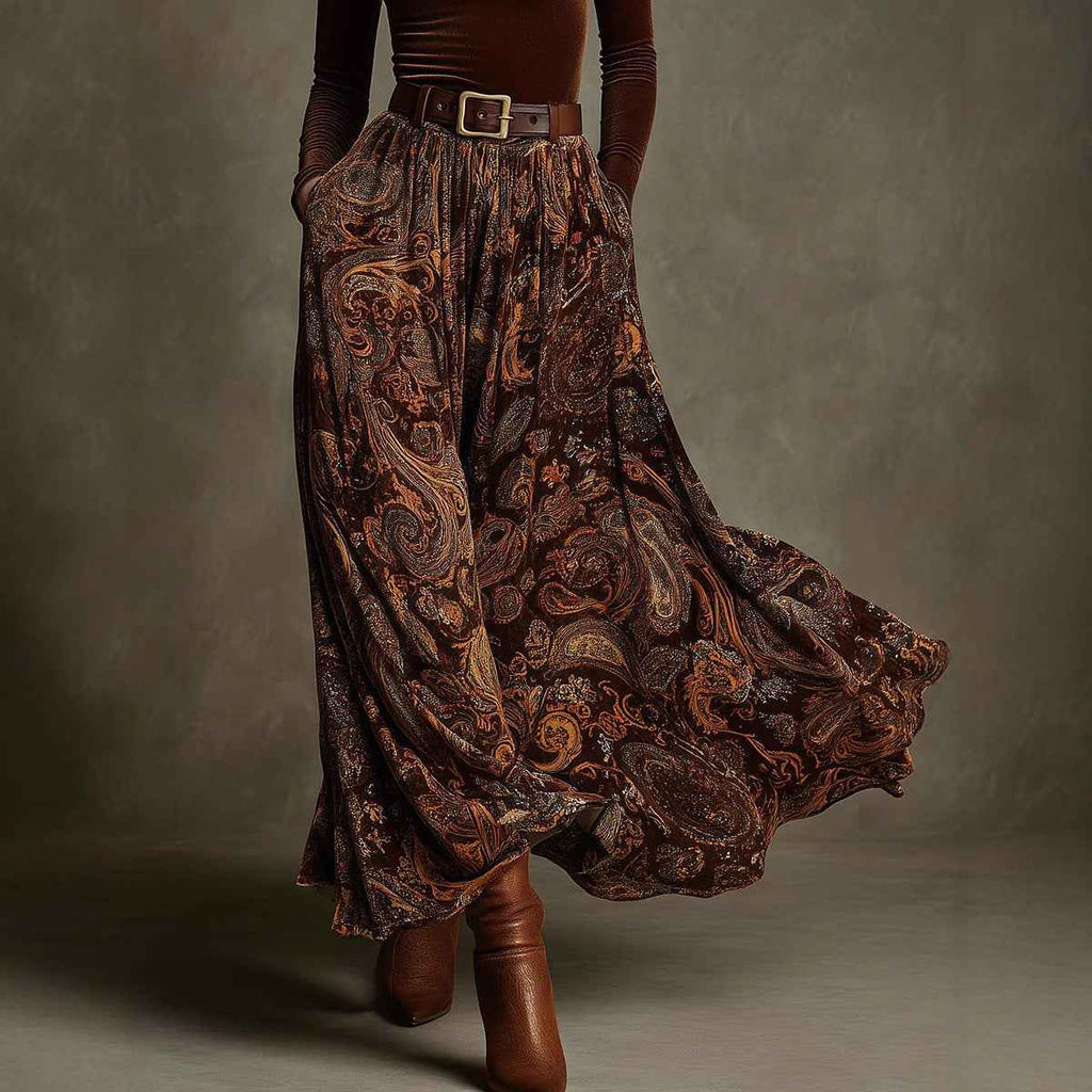 Elegant Flared Vintage-print Long Dress For Women