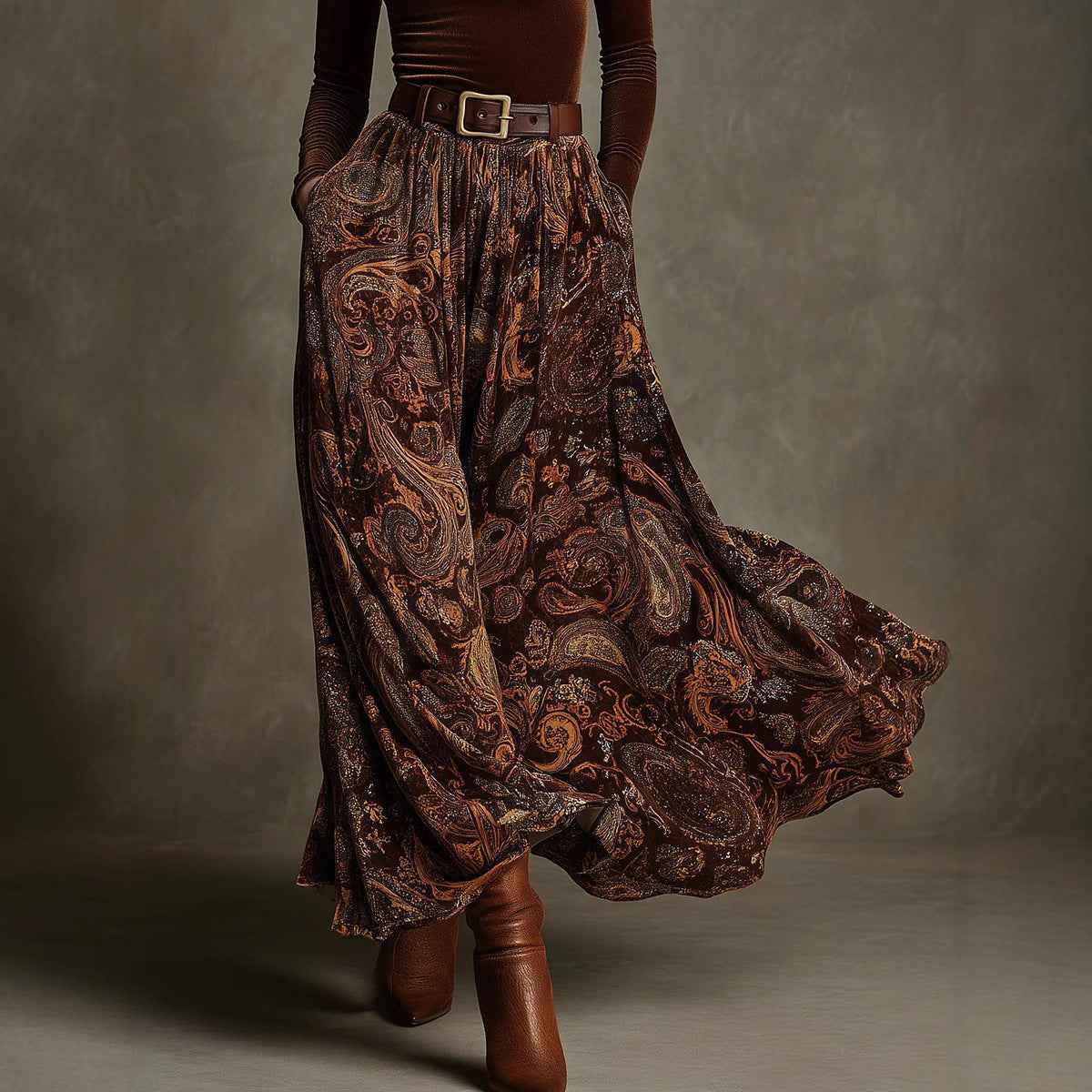 Elegant Flared Vintage-print Long Dress For Women