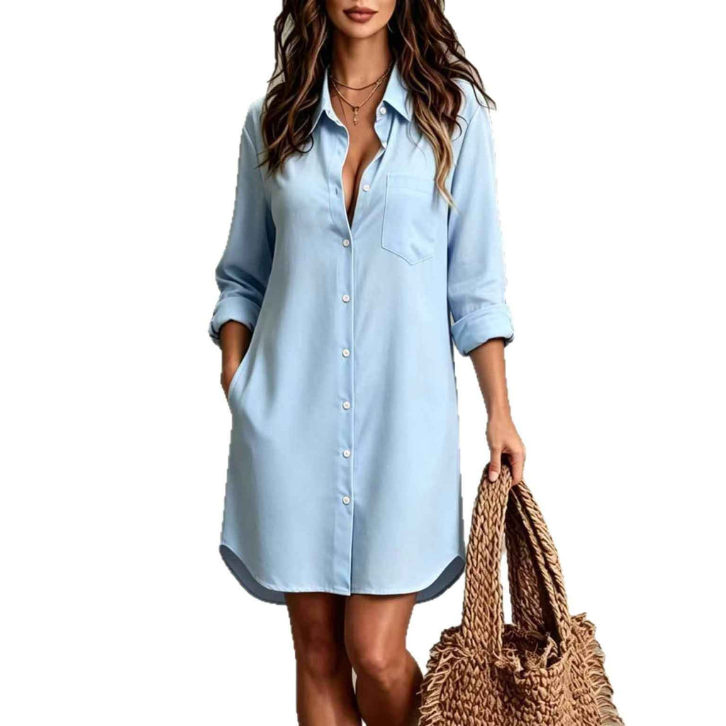 Casual Vacation Long-sleeved Shirt Dress With Two Pockets