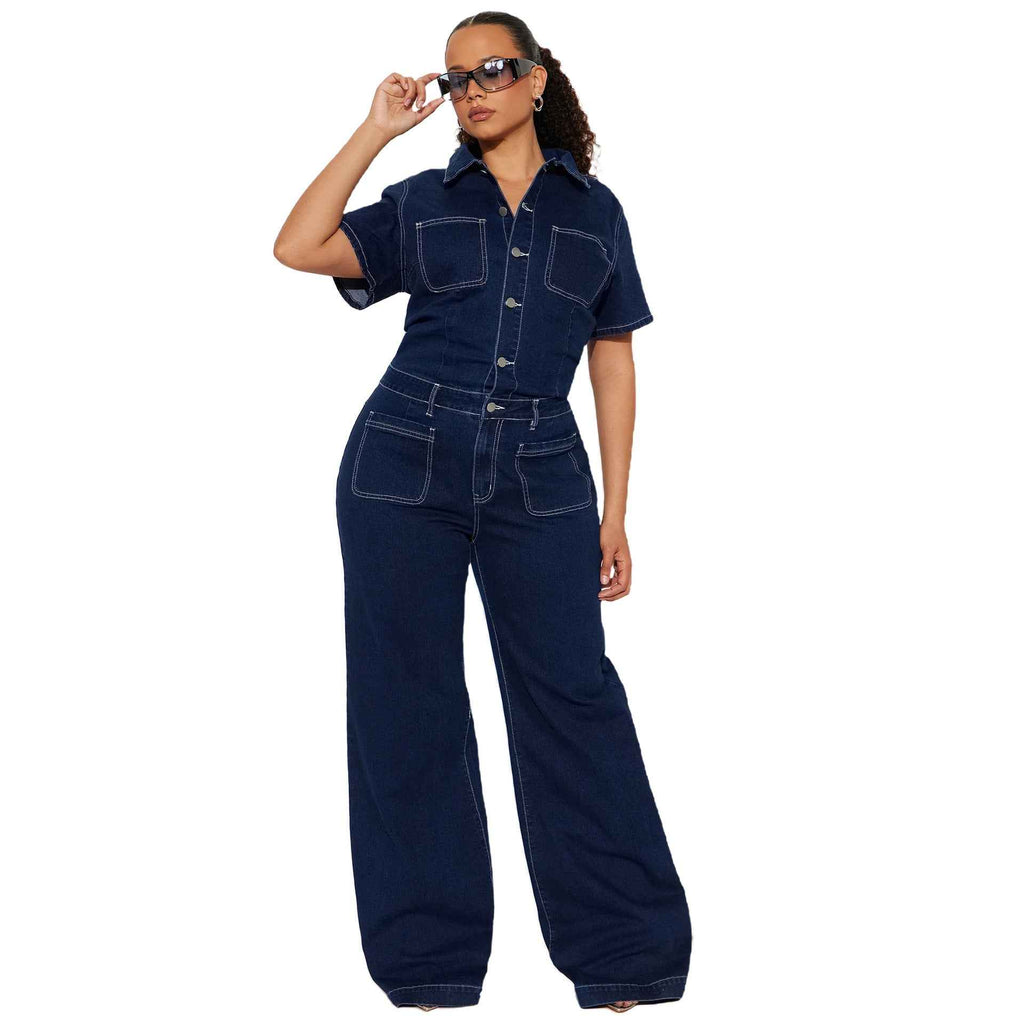 Flared-leg Washed Short-sleeve Denim Jumpsuit