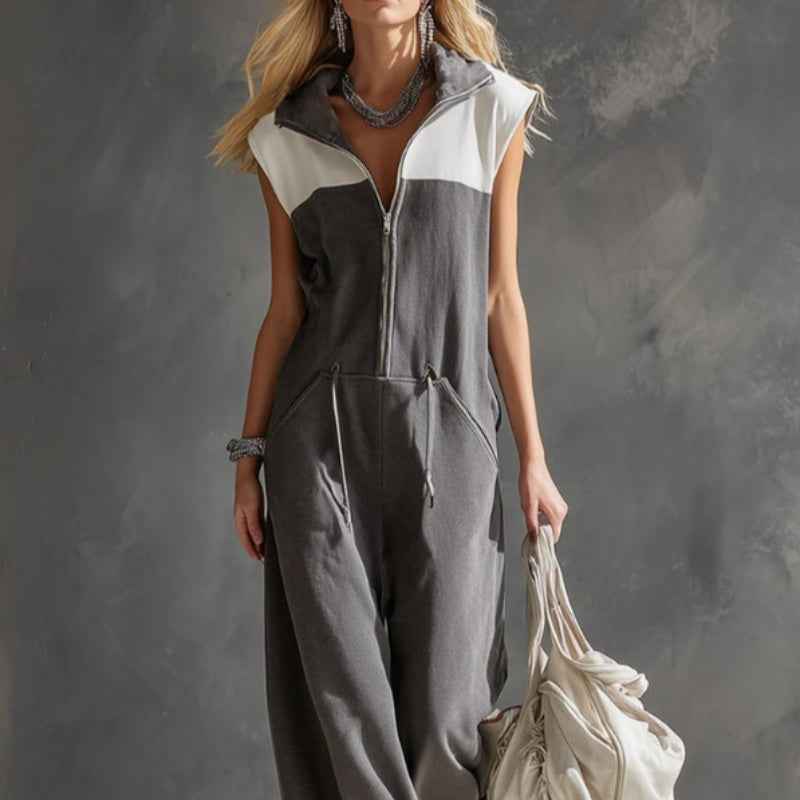Fashionable Casual Color-block Zip-front Jumpsuit