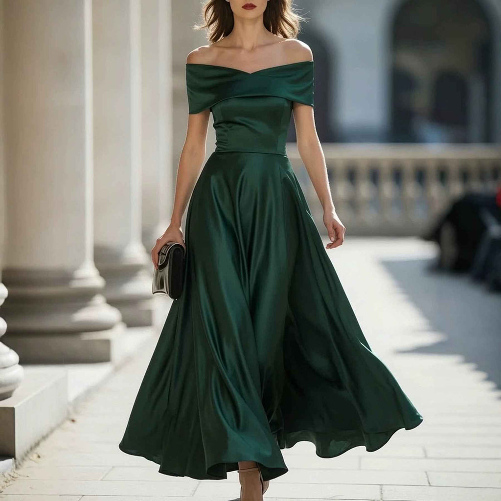 Womens Off-shoulder Waist-cinched Elegant Evening Gown For Parties And Banquets