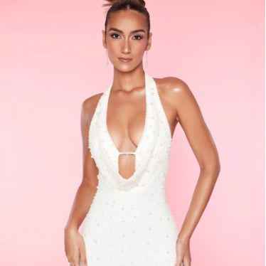 Sexy Chic Slim-fit Sheath Skirt With A Designer Touch Beaded Cut-out Halter-neck Mini Dress