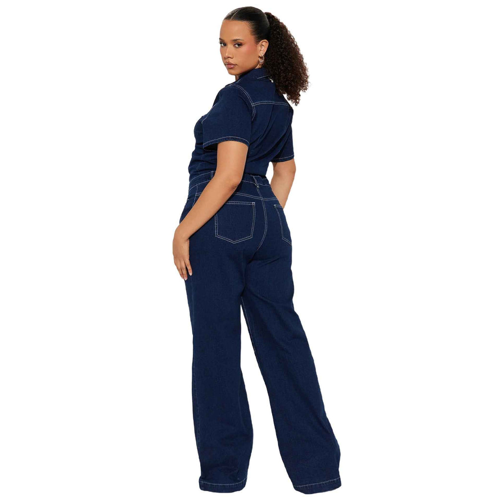 Flared-leg Washed Short-sleeve Denim Jumpsuit