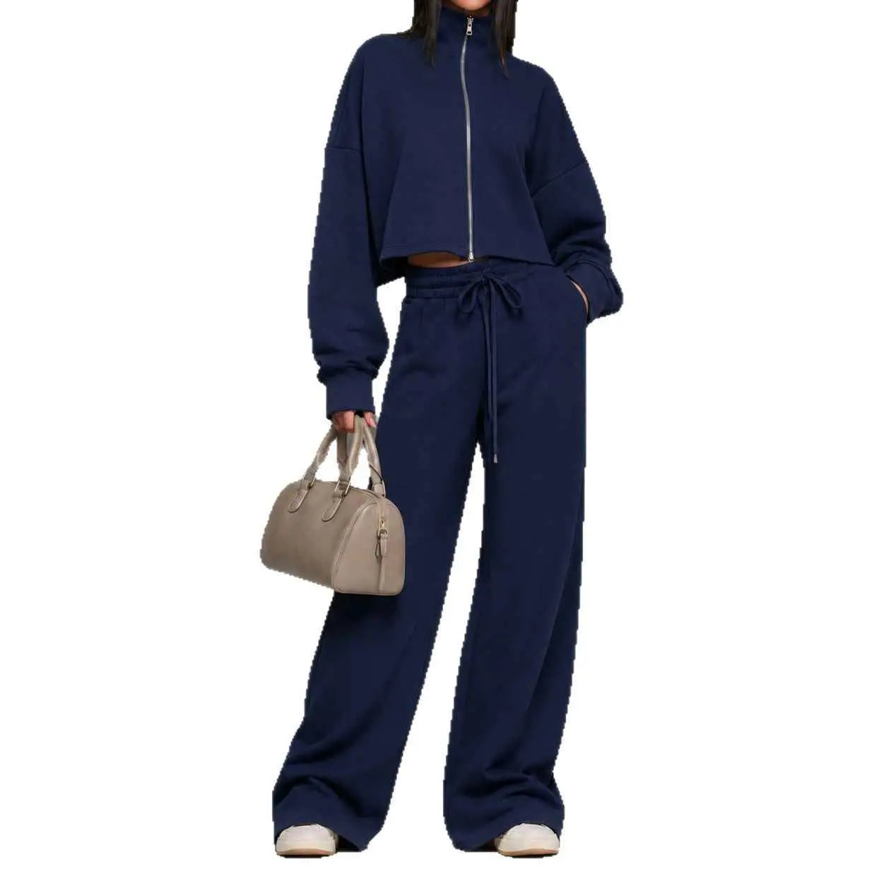 Stand-up Collar Zip-up Hoodie Jacket And High-waisted Wide-leg Casual Pants Set